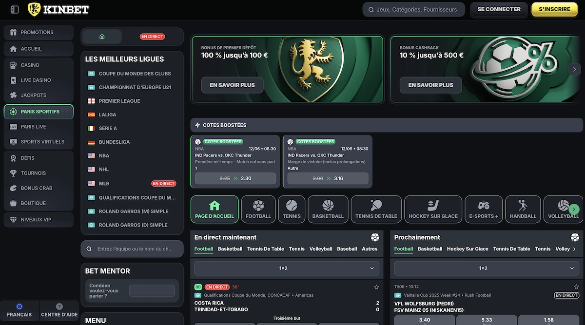 page des paris sportifs de Kinbet
