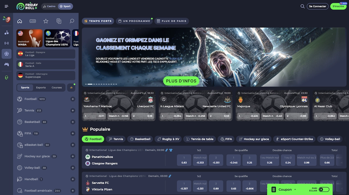 page pour les paris sportifs de Fridayroll casino