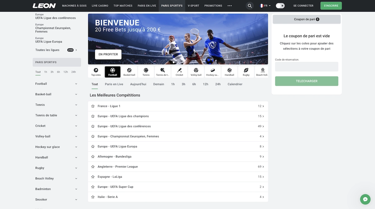 Section paris sportifs de Leon Casino avec comp&eacute;titions et bonus free bets