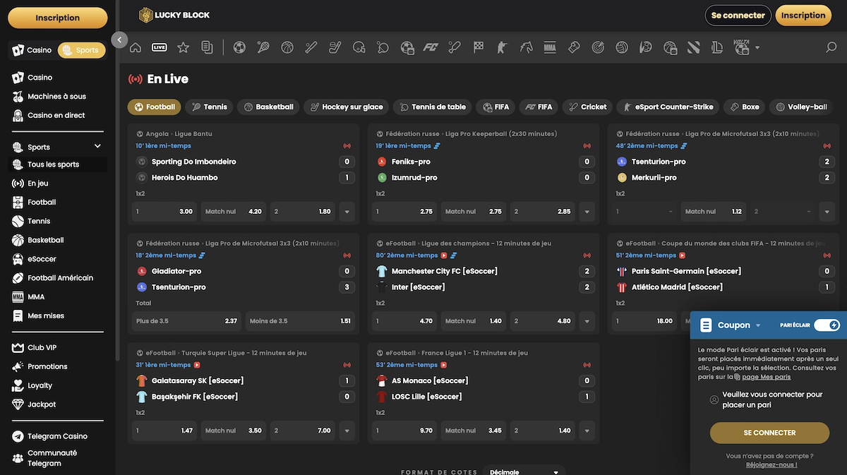 Page des paris sportifs en direct sur Lucky Block avec cotes en live pour le football, basketball, tennis et e-sports