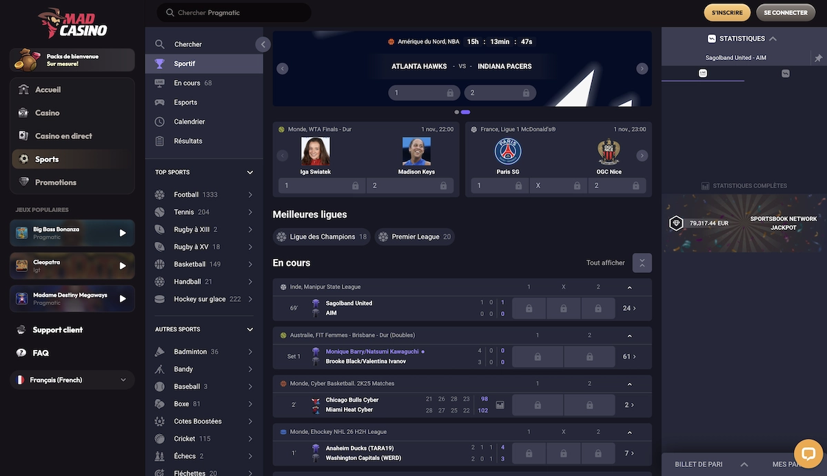 Page des paris sportifs de MadCasino affichant les matchs en cours, statistiques et options de mise en direct