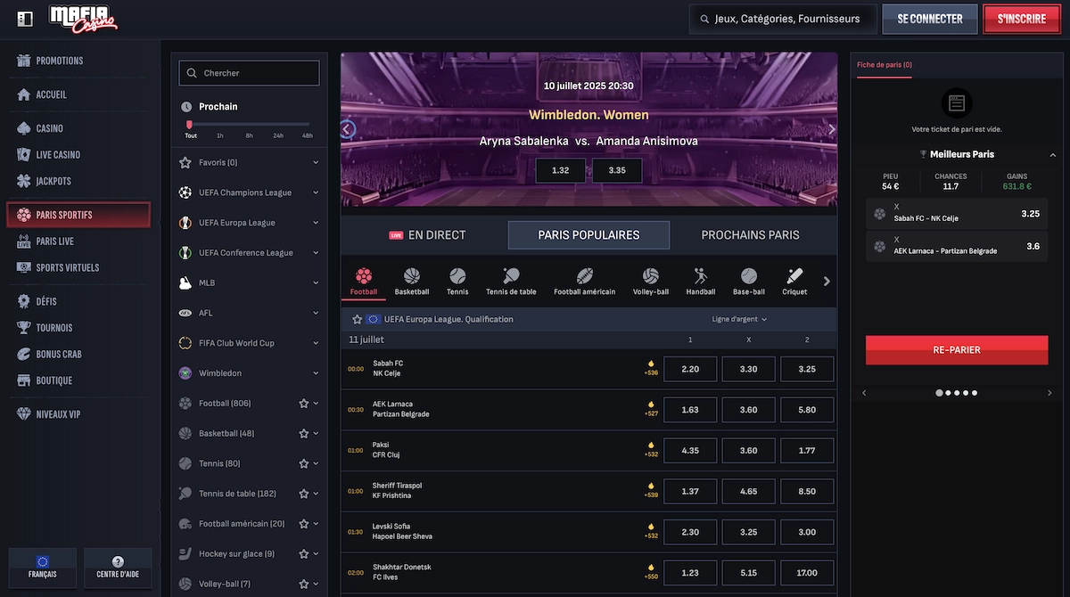 Interface paris sportifs et bonus de bienvenue sur Mafia Casino