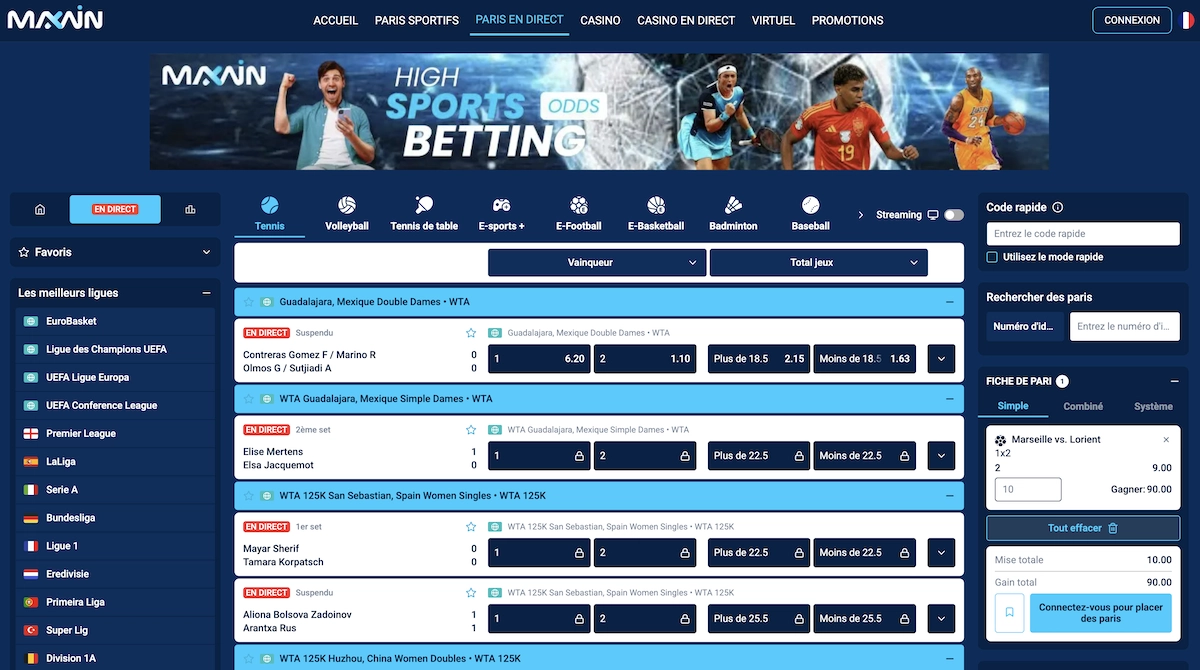 Interface des paris sportifs sur Maxwin Casino avec matchs de football et options de paris en direct