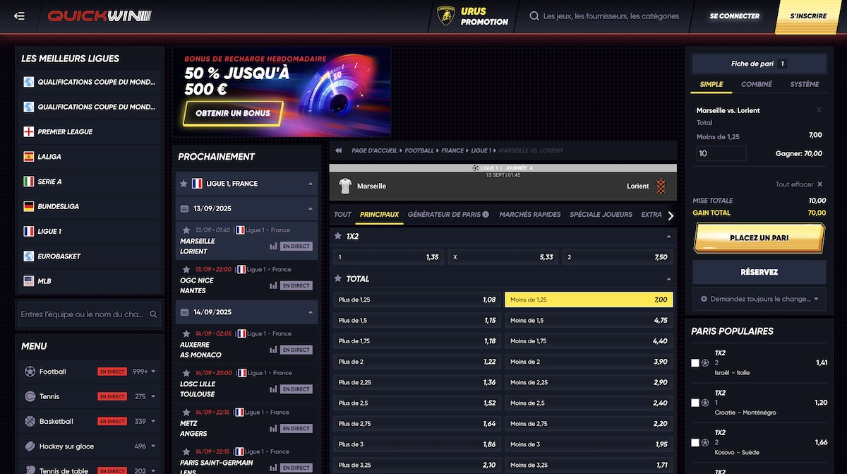 Page des paris sportifs Quickwin Casino avec match Marseille vs Lorient et options de mise en direct