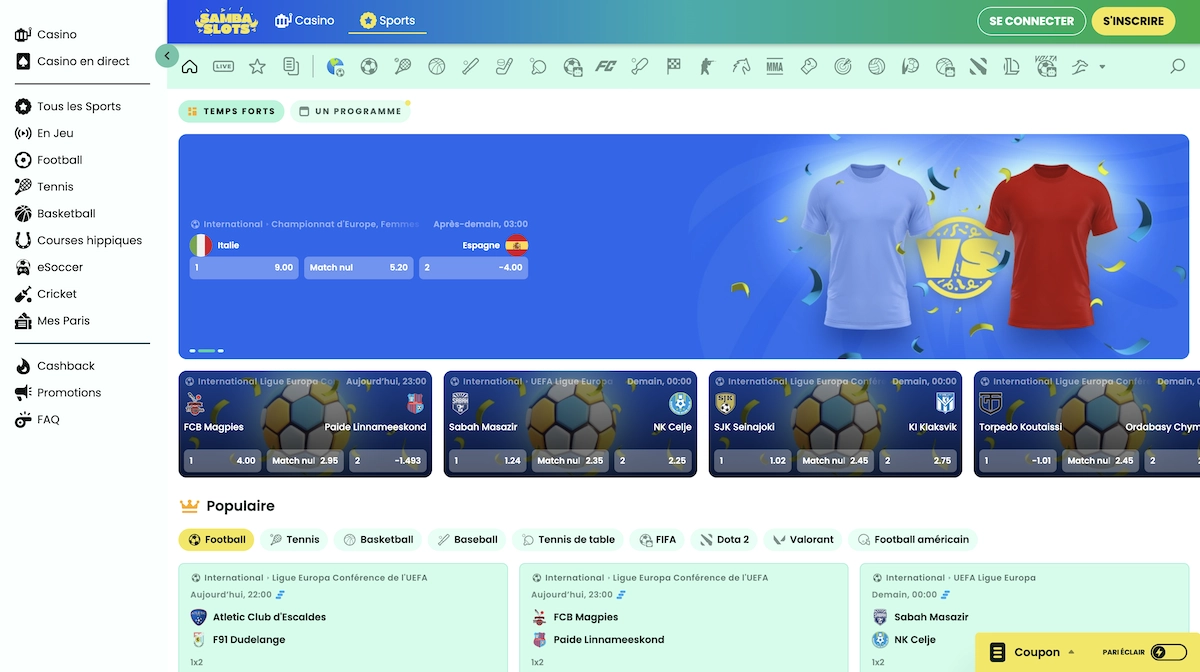 page pour places des paris sportifs sur Sambaslots