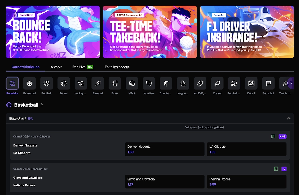 page des paris sportifs sur le site de jeu en ligne Shuffle.com