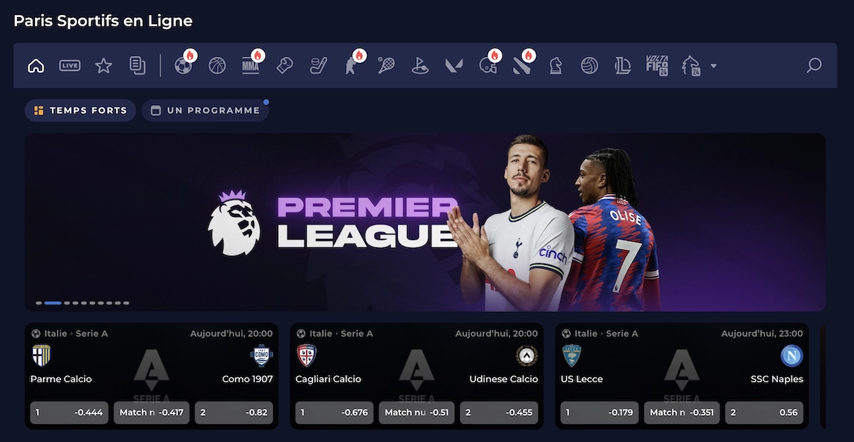 page des paris sportifs sur le site de Rainbet