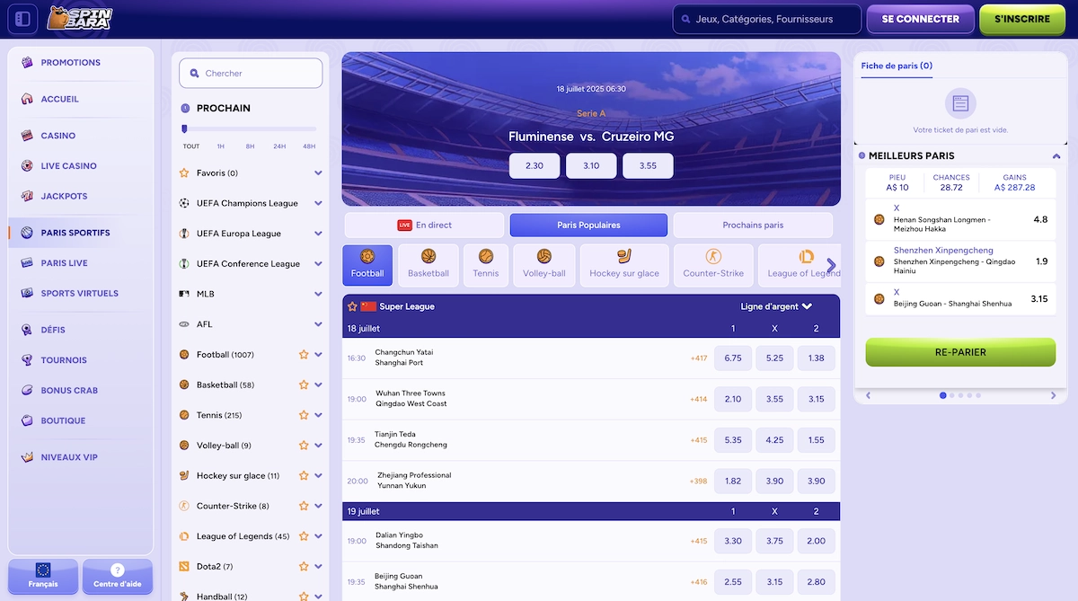 page pour les paris sportifs sur Spinbara casino