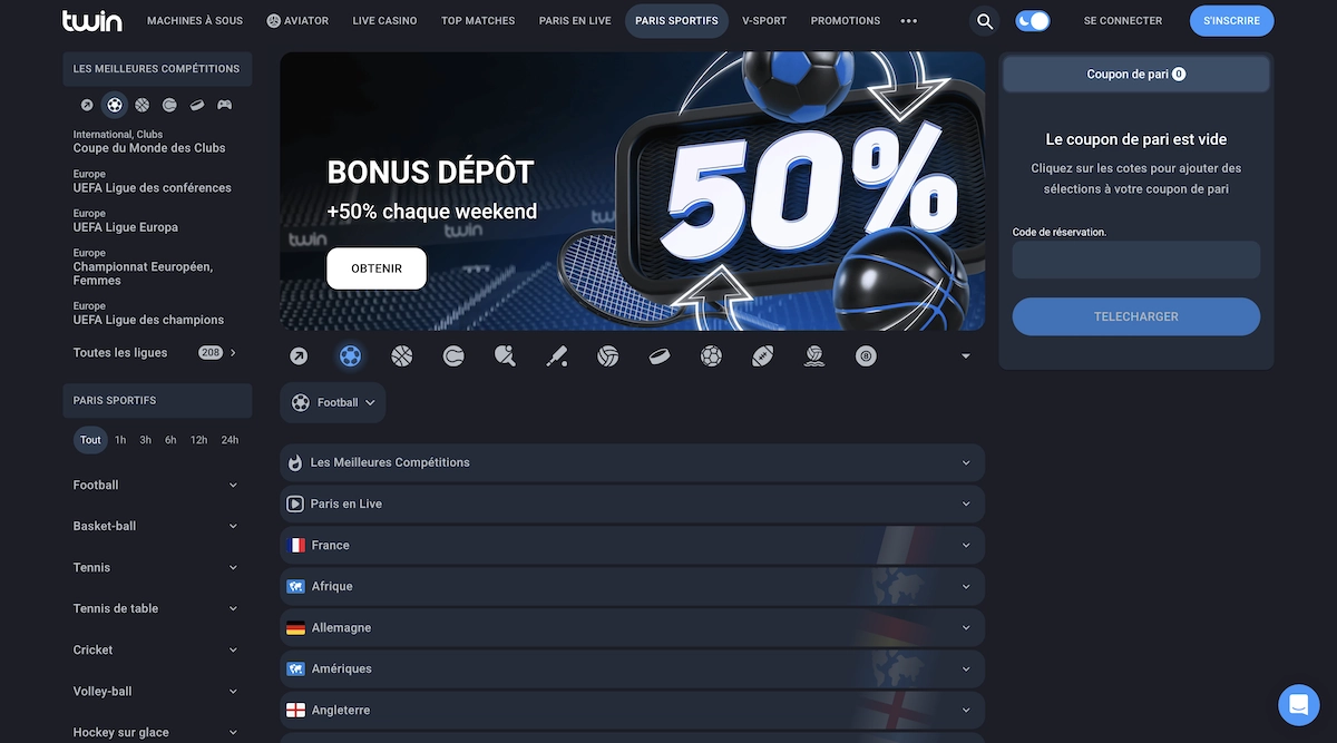 page pour places des paris sportifs sur Twin Casino