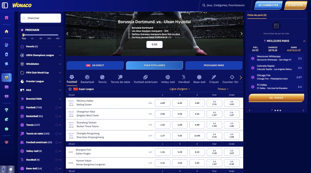 page de paris sportifs de Wonaco Casino