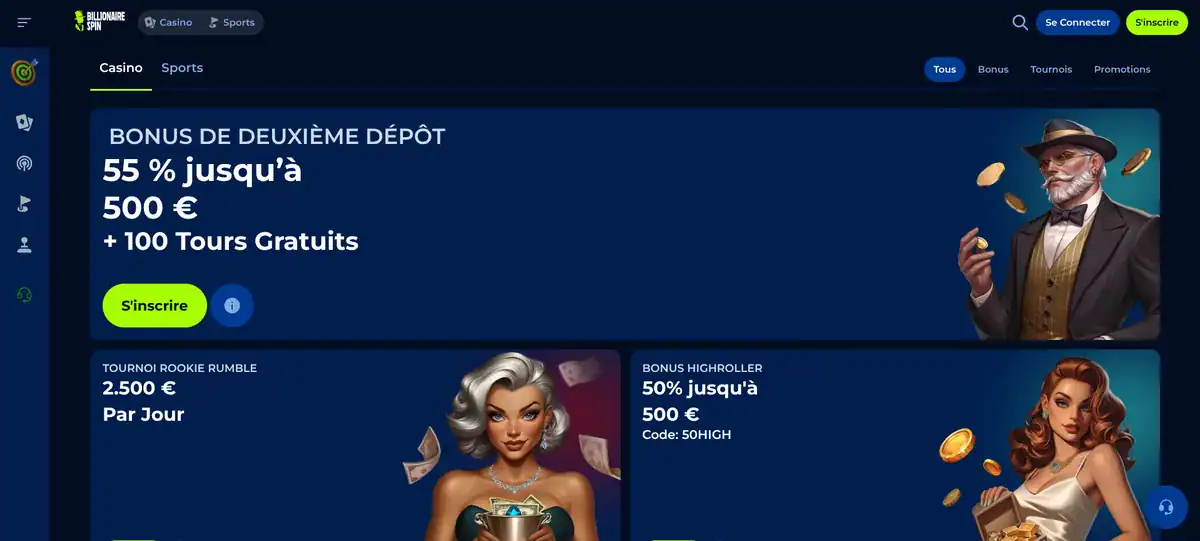 page des promotions de Billionaire Spin avec le bonus de deuxieme depot de 500 euros et 100 tours gratuits, le tournoi Rookie Rumble et le bonus highroller