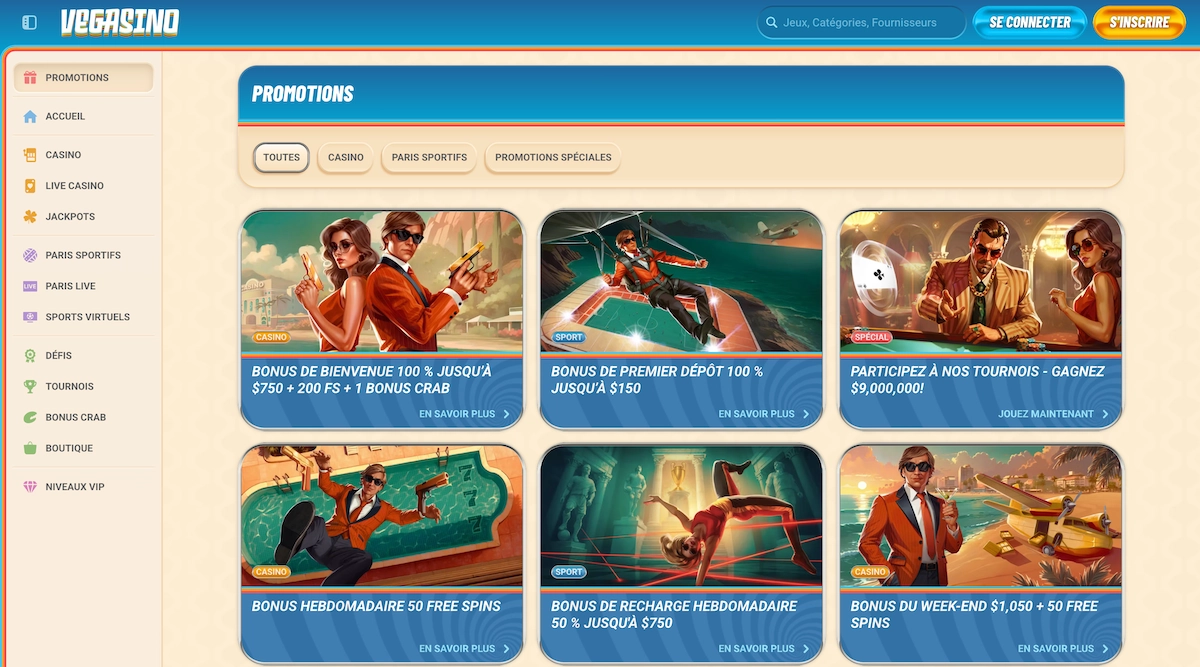 page de promotions et de bonus sur Vegasino en 2025