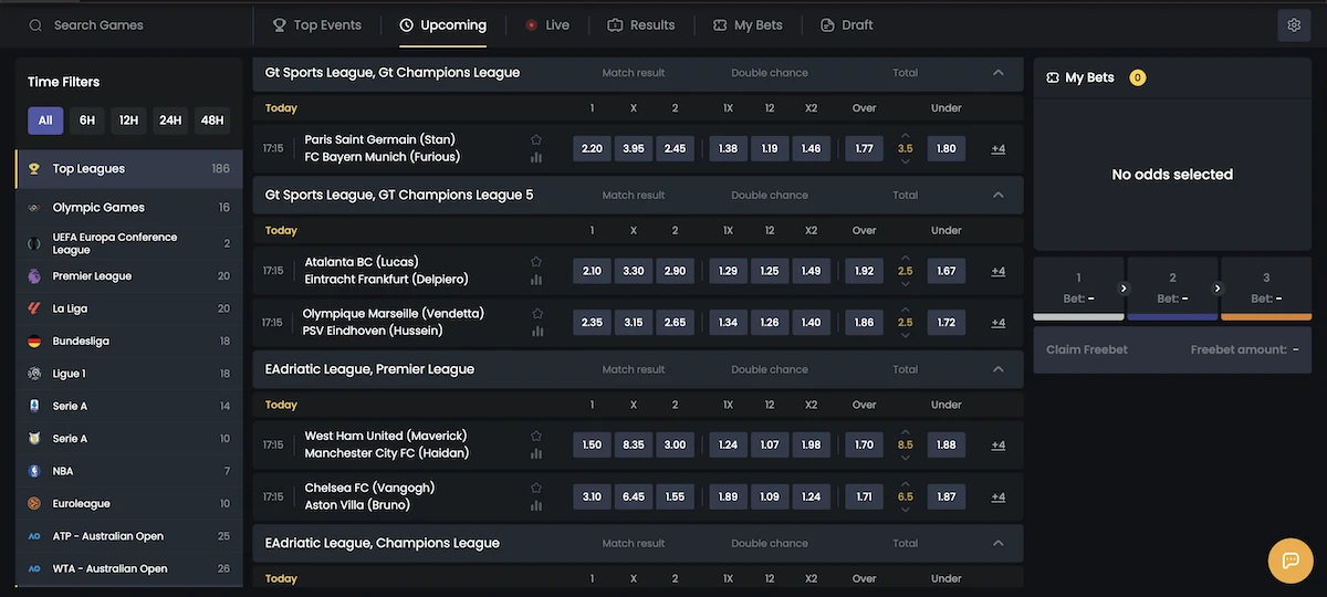 Interface des paris sportifs sur Donbet affichant cotes football, ligues internationales et coupons de paris