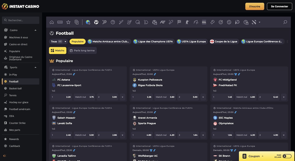 page des paris sportifs sur Instant Casino