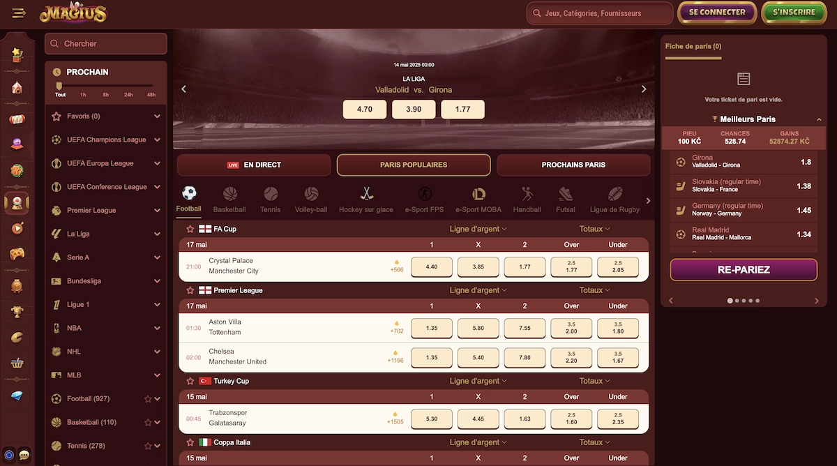 la page des paris sportifs sur Magius Casino