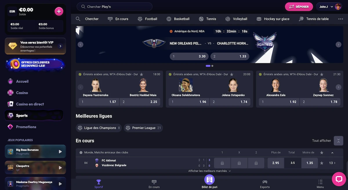 Section paris sportifs Wildzy avec cotes en direct sur football, basketball et tennis