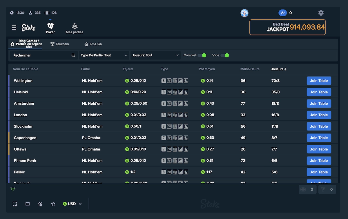 parties en argent reel disponible en direct sur Stake Poker