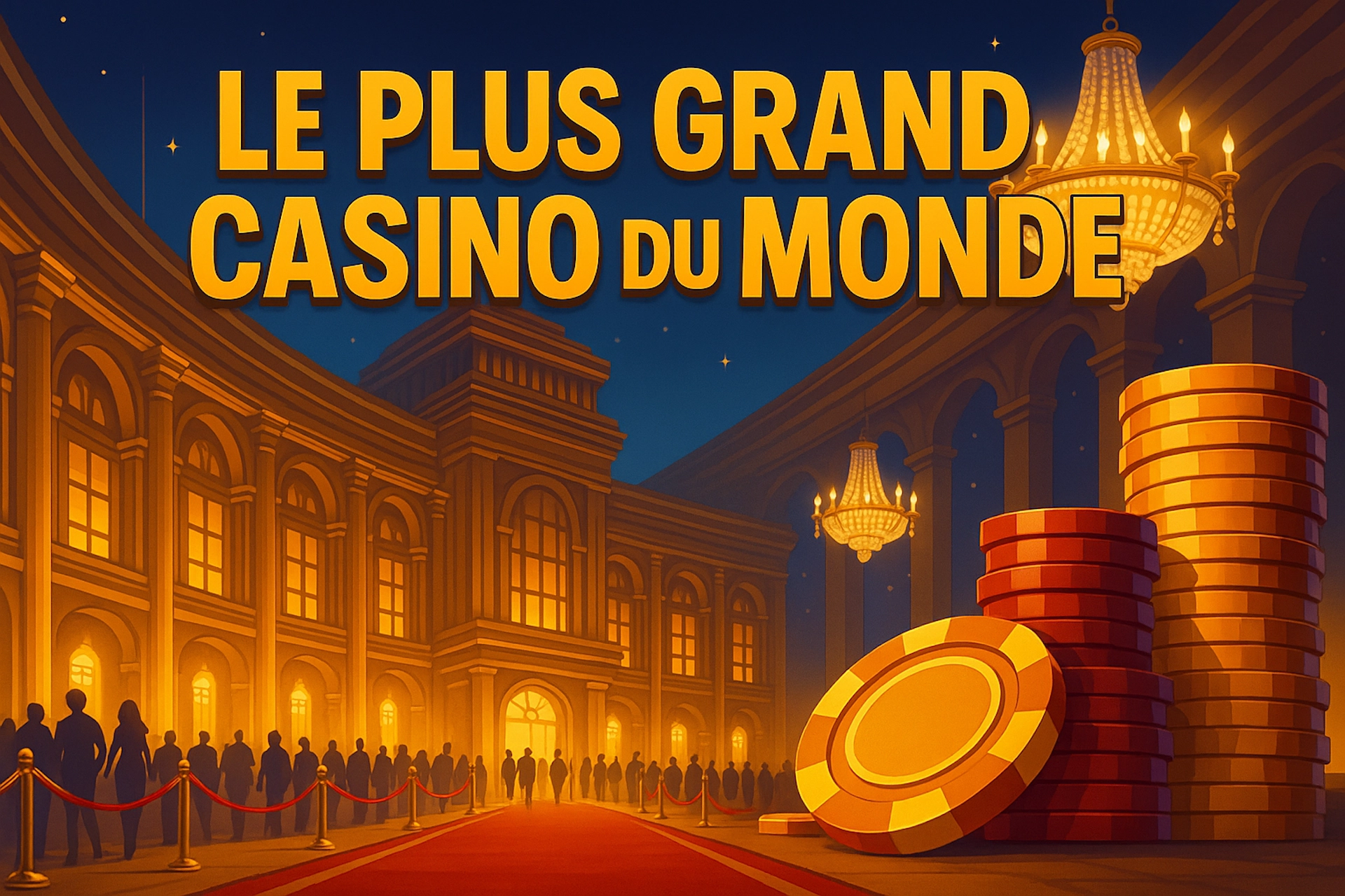 Illustration éclatante d’un palais casino monumental avec tapis rouge, lustres dorés et foule élégante, pour illustrer le plus grand casino du monde en image de mise en avant pour Casinotan