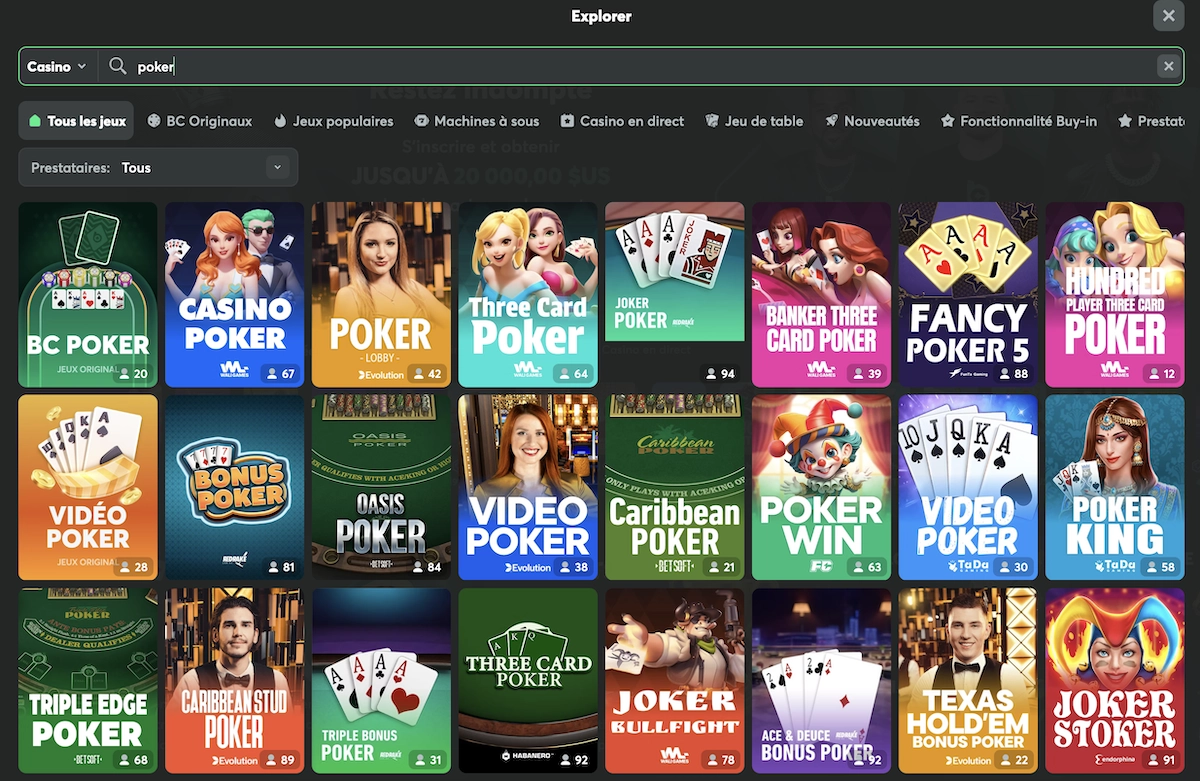 Section poker de BC.Game Casino avec BC Poker, Three Card Poker, Joker Poker et Texas Hold&rsquo;em Bonus Poker.