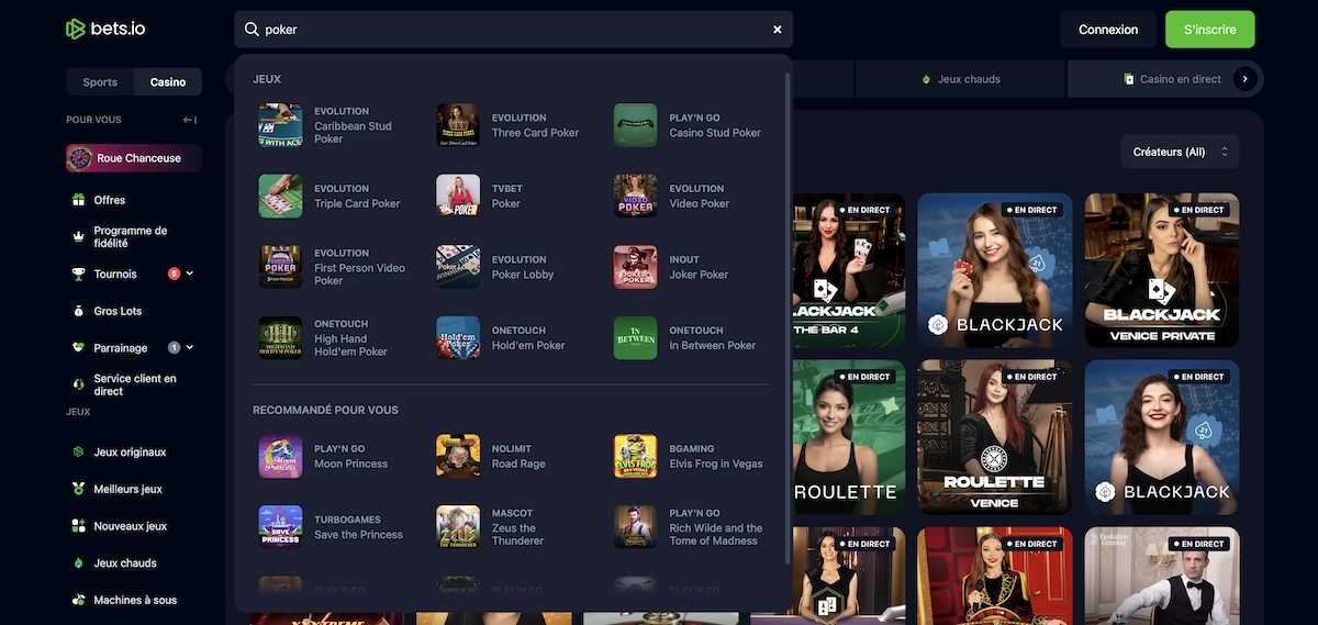 Capture d&rsquo;&eacute;cran des jeux de poker sur Bets.io Casino avec Caribbean Stud Poker, Triple Card Poker et First Person Video Poker.