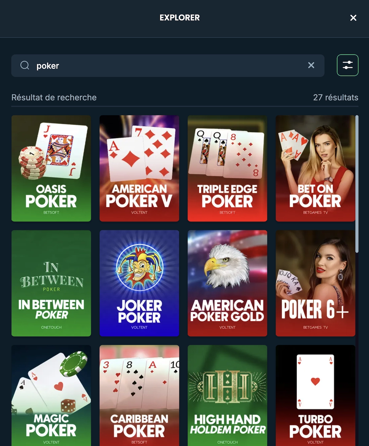 Capture d&rsquo;&eacute;cran du lobby poker sur Mega Dice Casino avec Oasis Poker, American Poker V, Bet On Poker et Caribbean Poker.