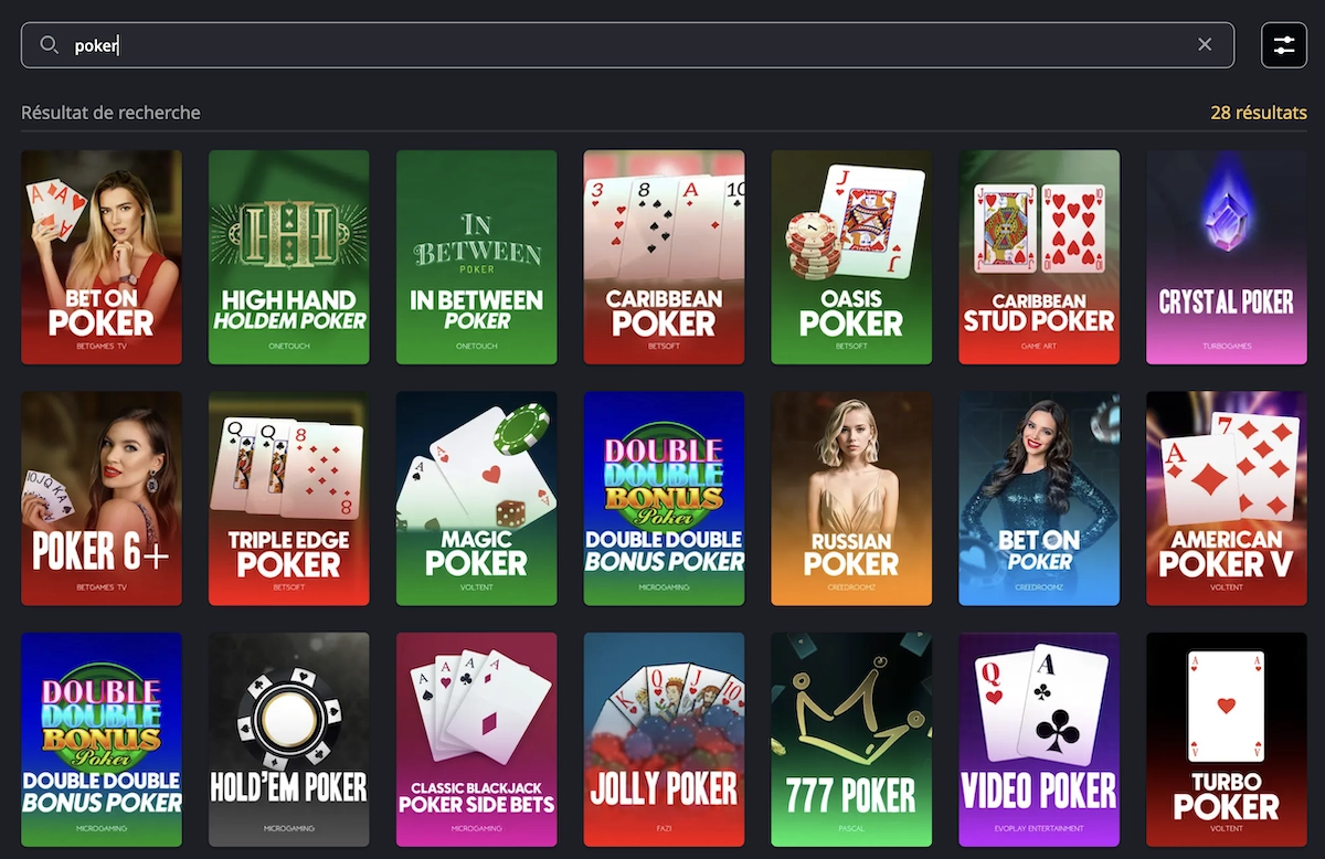 Capture d&rsquo;&eacute;cran du lobby poker de Golden Panda Casino avec Caribbean Stud Poker, Oasis Poker et American Poker V