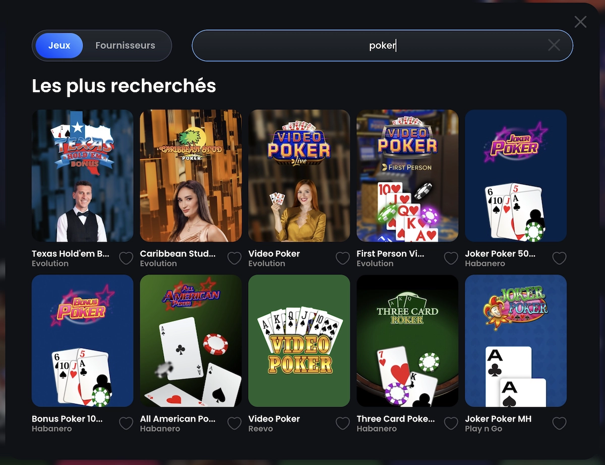 Lobby poker de MonacoJack Casino avec Joker Poker MH, Texas Hold&rsquo;em Poker 3D et Turbo Poker.