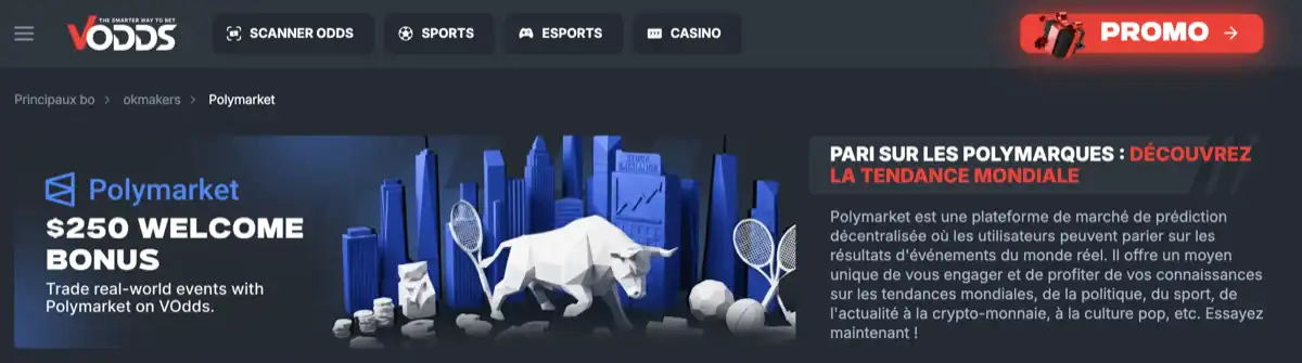 Page Polymarket sur Vodds avec un bonus de bienvenue de 250 $ pour parier sur des évènements réels du monde entier, illustrée par un taureau de bourse et des gratte-ciels.