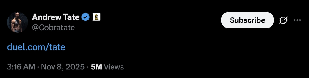 Capture d’écran du post X d’Andrew Tate annonçant son lien d’affiliation avec le casino crypto Duel.com.