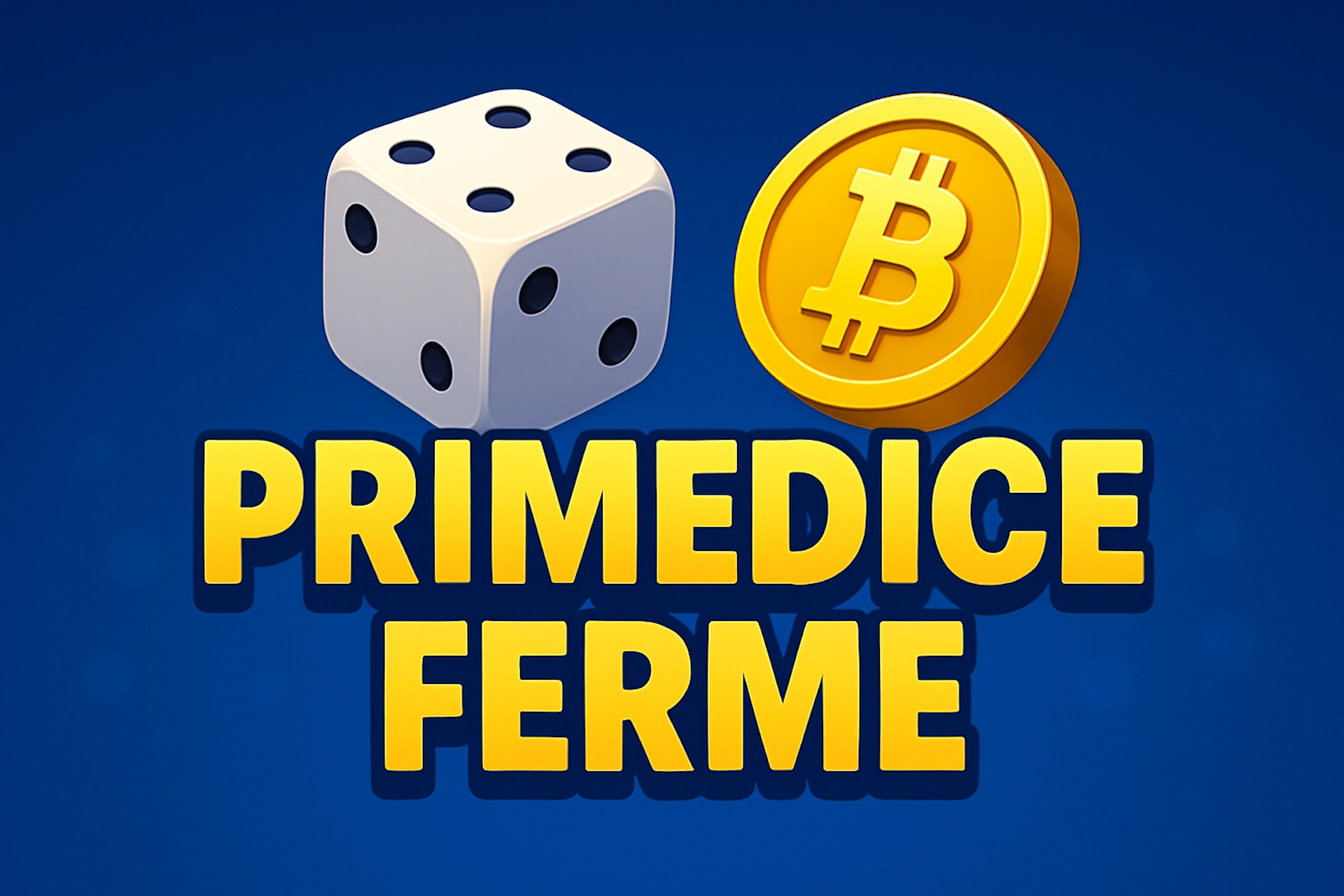 Image percutante sur fond bleu dégradé avec texte géant PRIMEDICE FERME, accompagnée d’un dé et d’une pièce Bitcoin. Créée pour Casinotan.