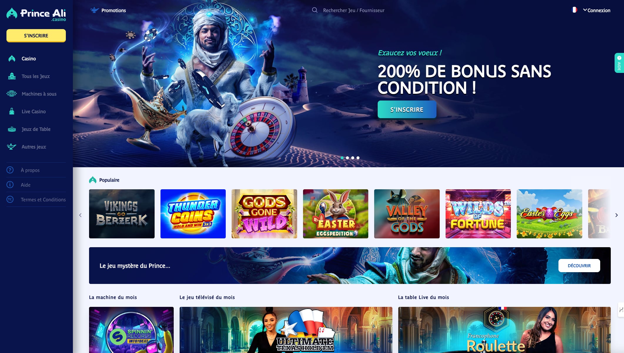 capture d'&eacute;cran de la page d'accueil du casino en ligne Prince Ali avec son bonus de bienvenue mis en avant