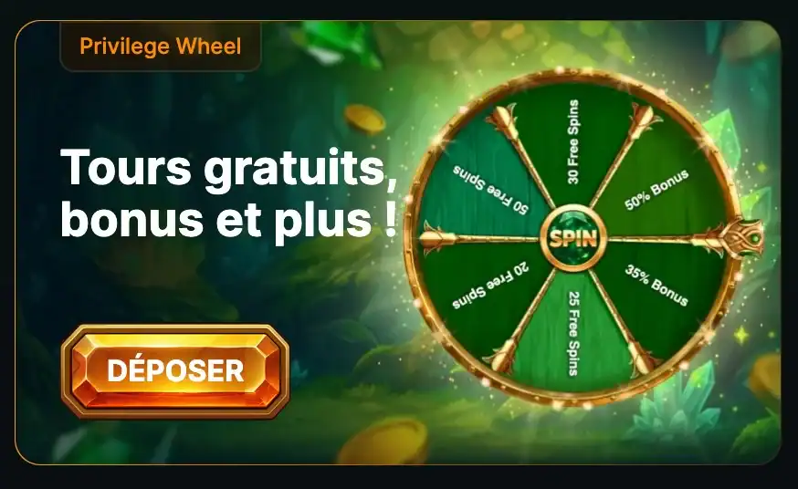 Roue Privilege Wheel de LuckyGem Casino avec des lots comme des tours gratuits et des bonus de 50 %
