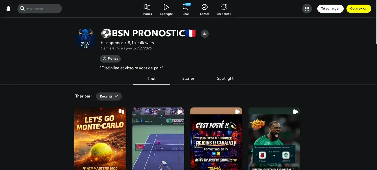 Profil Snapchat de BSN Pronostics avec 8,1 k abonnés et des posts de pronostics sur le tennis et le football.