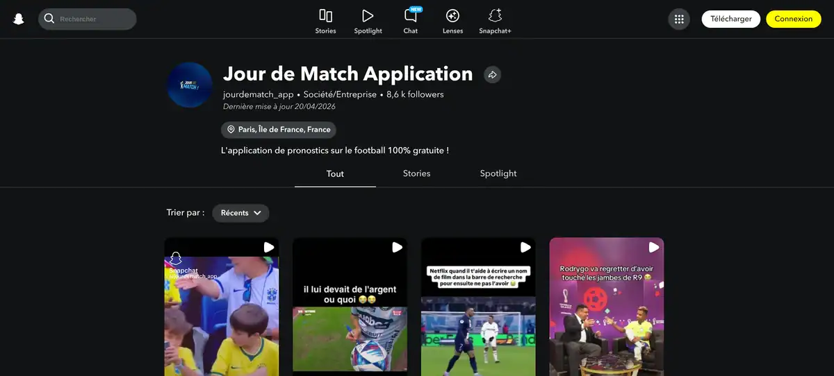 Profil Snapchat de Jour de Match avec 8,6 k abonnés et une application de pronostics football gratuite.