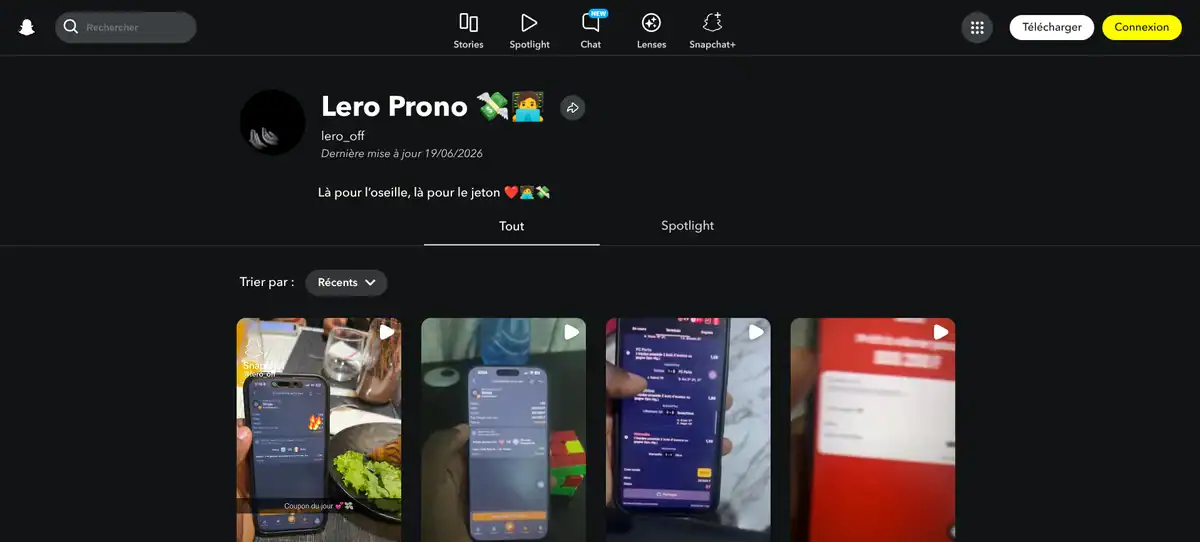 Profil Snapchat de Lero Prono avec le pseudo lero_off et des coupons de pronostics sportifs sur téléphone.