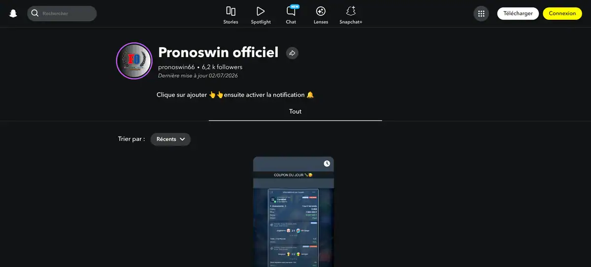 Profil Snapchat de Pronoswin officiel avec 6,2 k abonnés et un coupon du jour en pari combiné.