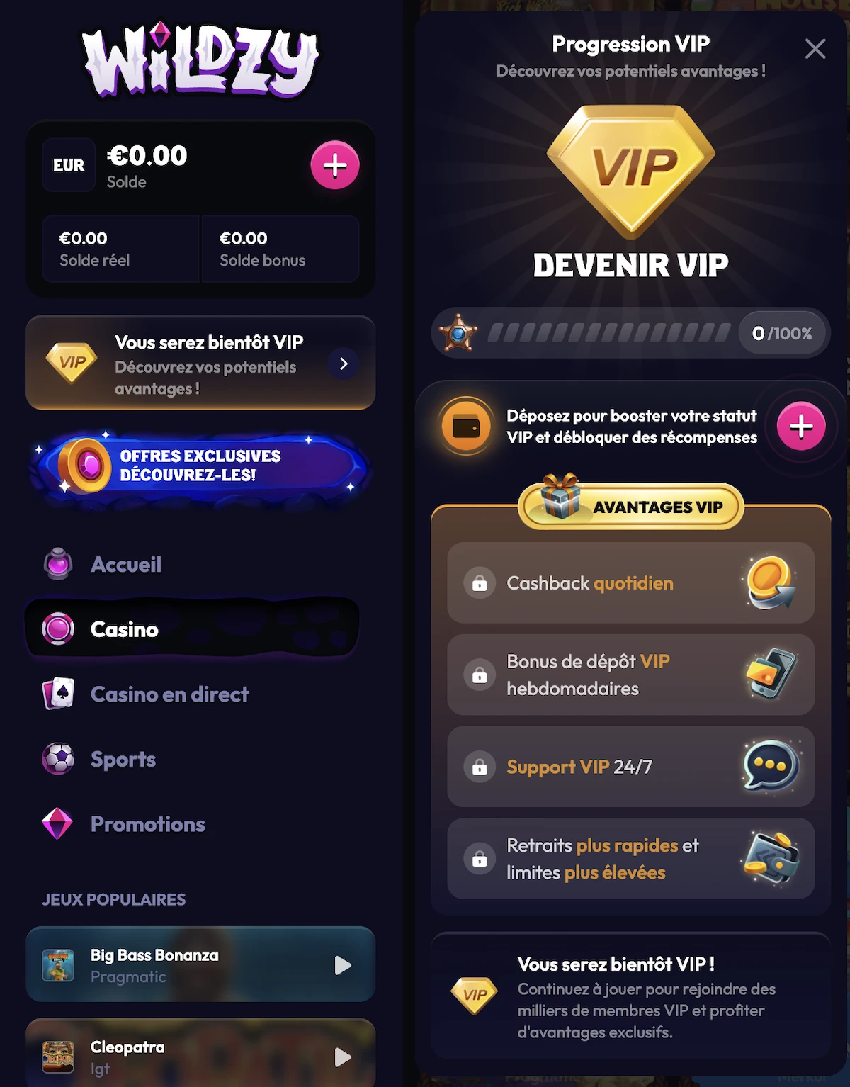 Programme VIP Wildzy affichant le cashback quotidien, les bonus VIP et les retraits plus rapides