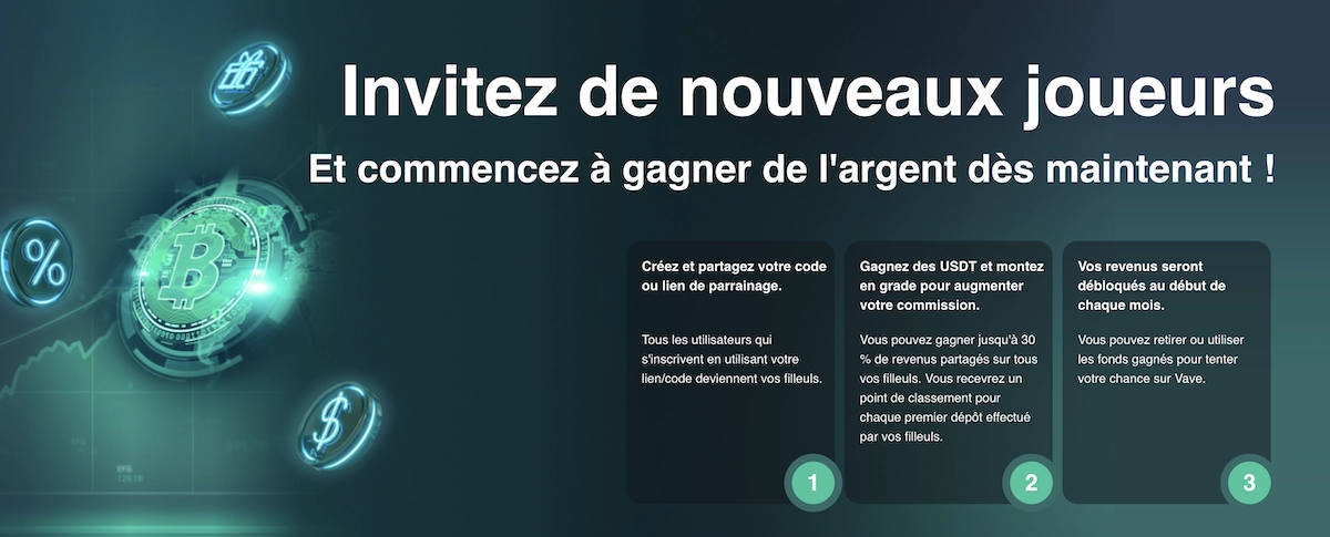 programme d'affiliation pour les joueurs de Vave Casino qui peuvent inviter leurs amis en &eacute;change de r&eacute;compenses