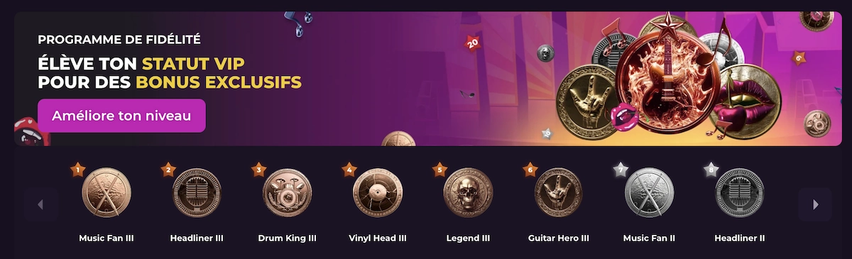 Programme VIP de Rockstar Casino illustrant les diff&eacute;rents niveaux et m&eacute;dailles de fid&eacute;lit&eacute;