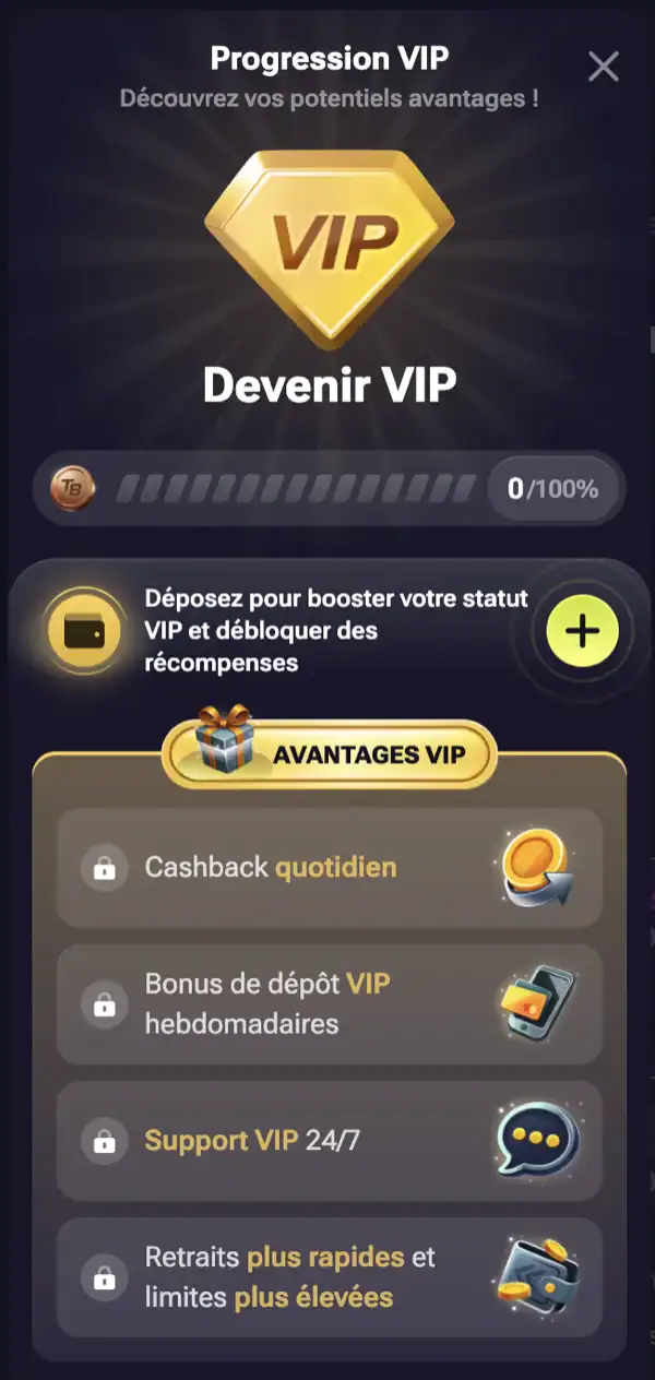 Panneau de progression VIP du casino Tenobet avec les avantages pour les joueurs VIP comme le cashback quotidien, des bonus de dépôt VIP hebdomadaires, un support VIP 24/7 et des retraits plus rapides