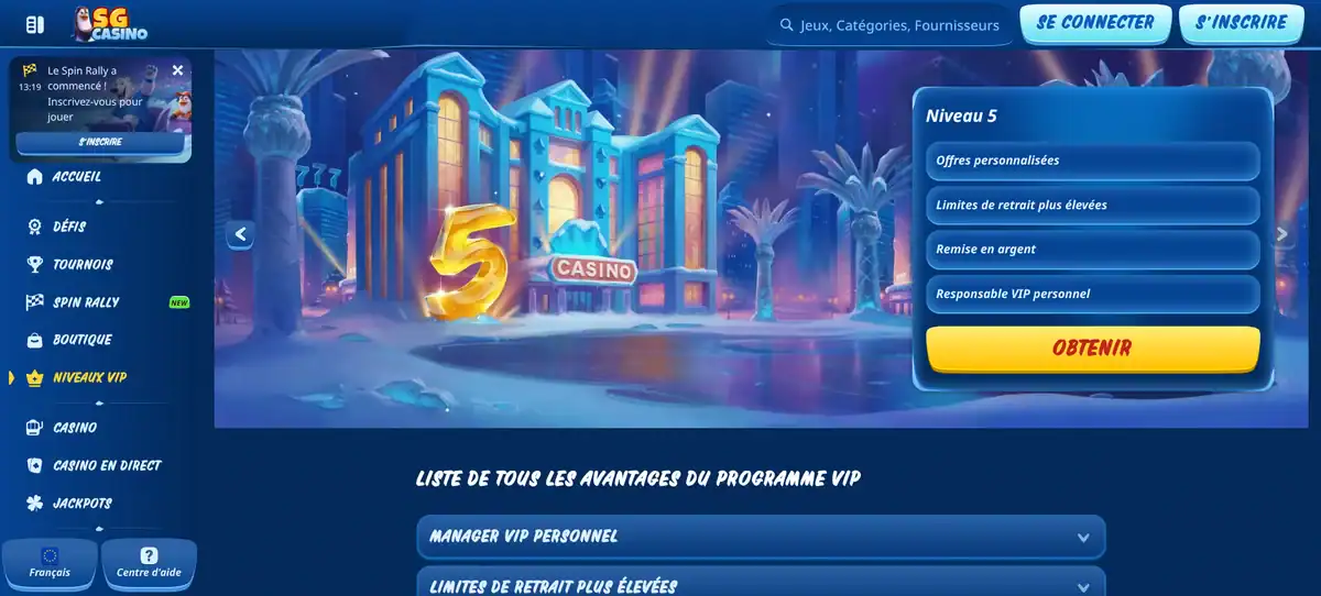 Capture du niveau VIP 5 de SG Casino avec ses avantages comme la remise en argent et le responsable VIP personnel.