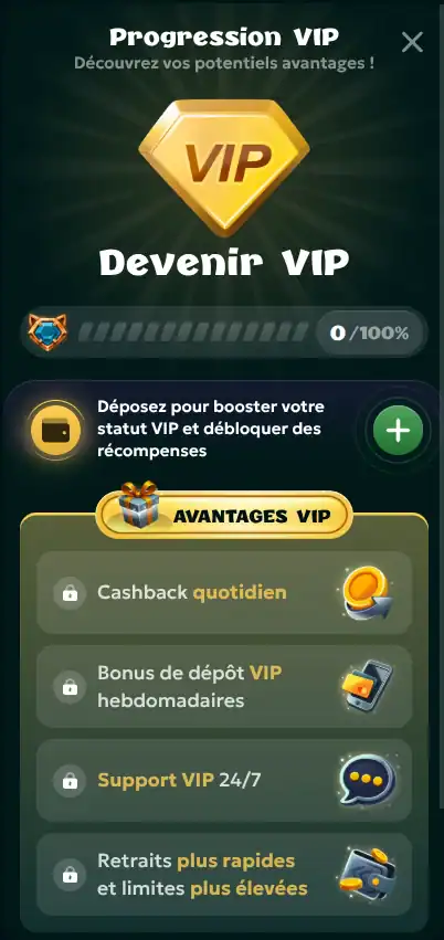 Page de progression VIP de Rivo Casino avec les avantages cashback, bonus de dépôt hebdomadaire, service client VIP 24h/24 et retraits plus rapides.