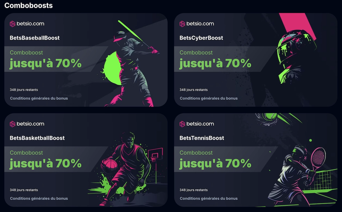 Promotions Comboboosts sur Betsio Casino affichant des boosts de gains jusqu’à 70 % sur paris sportifs