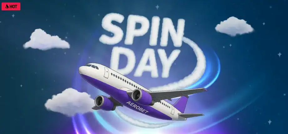 Bannière Spin Day d'Aerobet avec un avion violet et blanc qui vole dans un ciel étoilé.