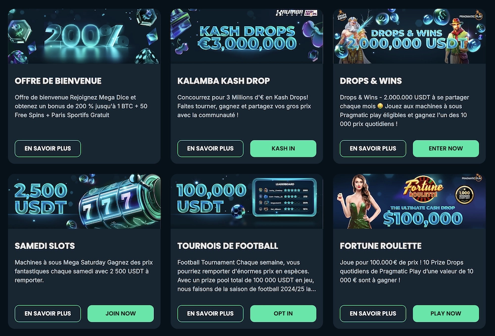 promotions actuelles sur Mega Dice casino