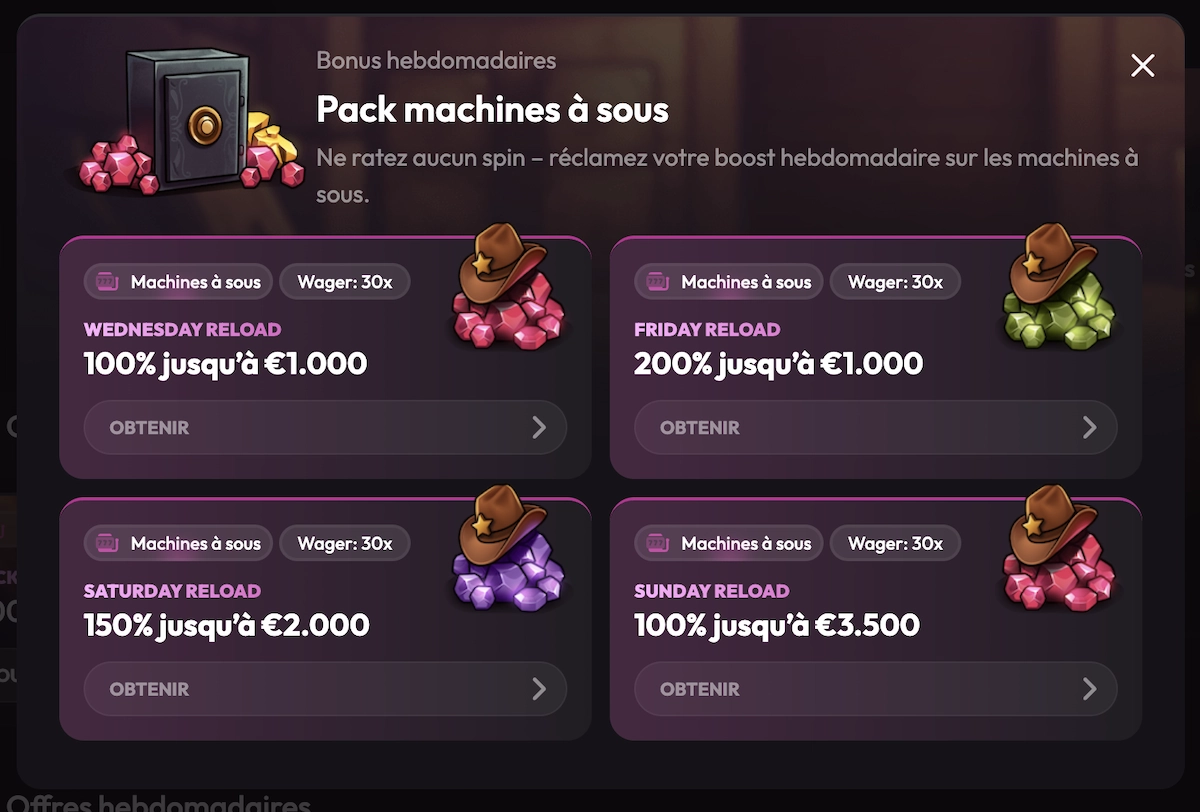 Page des promotions hebdomadaires de MadCasino avec bonus de recharge sur les machines à sous jusqu’à 3 500 €