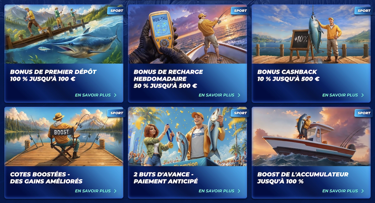 Banni&egrave;res des bonus de paris sportifs sur BassBet Casino incluant cashback, recharge et boosts de cotes