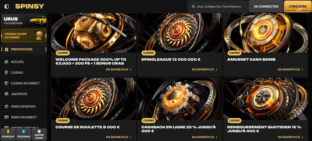 page des promotions Spinsy Casino avec bonus de bienvenue, cashback et remboursement quotidien