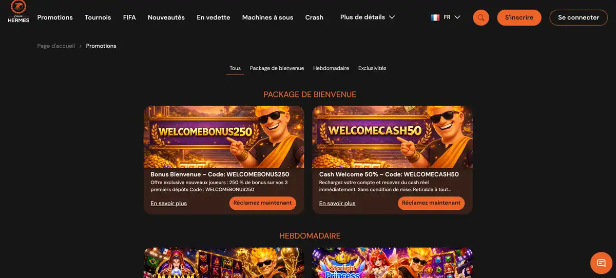 Page des promotions de Casino Hermes avec les bonus de bienvenue WELCOMEBONUS250 et WELCOMECASH50
