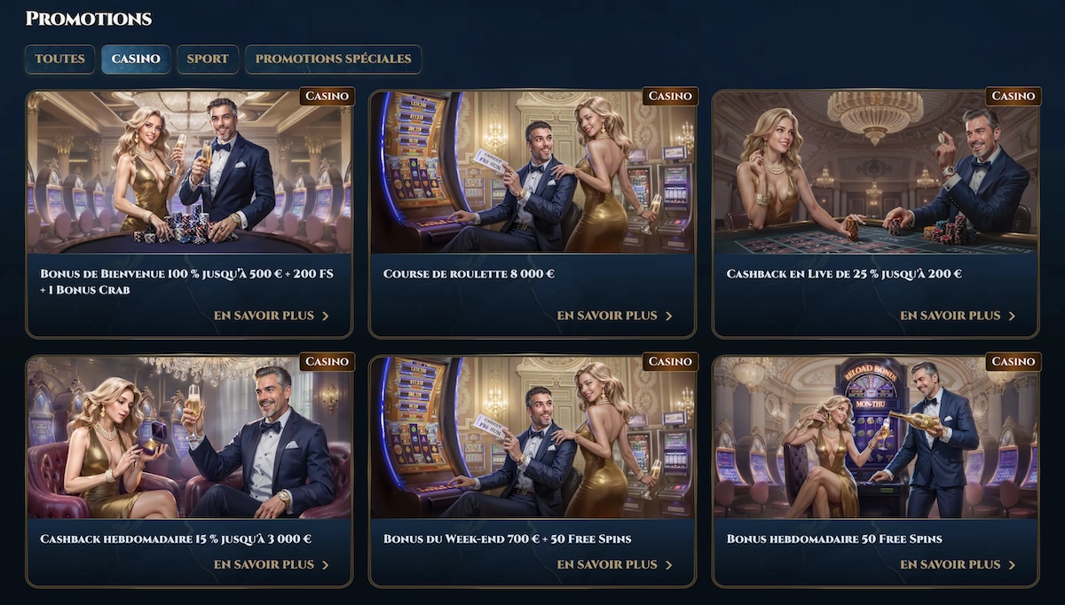 Page des promotions Wonderluck Casino avec bonus de bienvenue, cashback hebdomadaire, free spins et course de roulette
